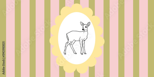 Elegant fawn line drawing centered within a decorative scalloped yellow frame against a gentle pink and green striped background, perfect for childrens room decor and sweet graphic