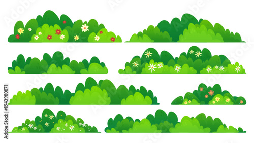 Green bush and grass elements set with flowers isolated on white background. Vector cartoon illustration of garden plants and shrubs for spring park scenes, blooming garden, decorative field details