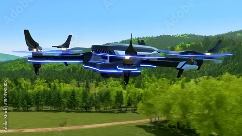 Futuristic drone flying over a green landscape with blue lights
