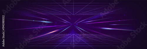Futuristic wireframe pattern perspective with glowing neon laser beams. Vector realistic illustration of retro digital background, cyberpunk 3D depth, 80s arcade aesthetics, virtual blue landscape