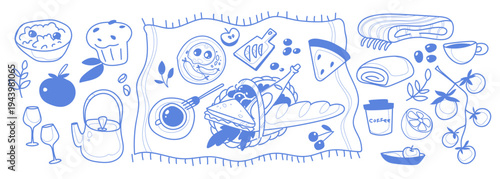 Hand-drawn blue ink picnic sketch items set isolated on white background. Vector illustration of food basket top view, sandwich and coffee, baguette, tomatoes, sausage and fried eggs, summer breakfast