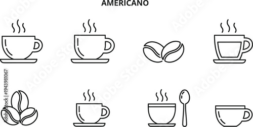 Americano coffee cup and bean icon set with steaming mugs, spoon, and saucer isolated on white background vector illustration.