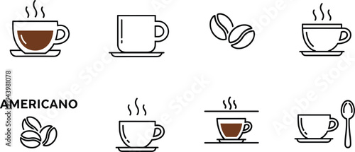 Americano coffee cup icon set with steaming mugs, beans, saucers, and spoon isolated on white background vector illustration.