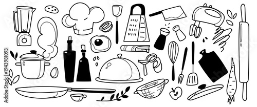 Doodle set of kitchen items and food isolated on white background. Vector illustration of cooking utensils, pots, chef tools, hand-drawn outline kitchenware, fruit and vegetables for culinary designs