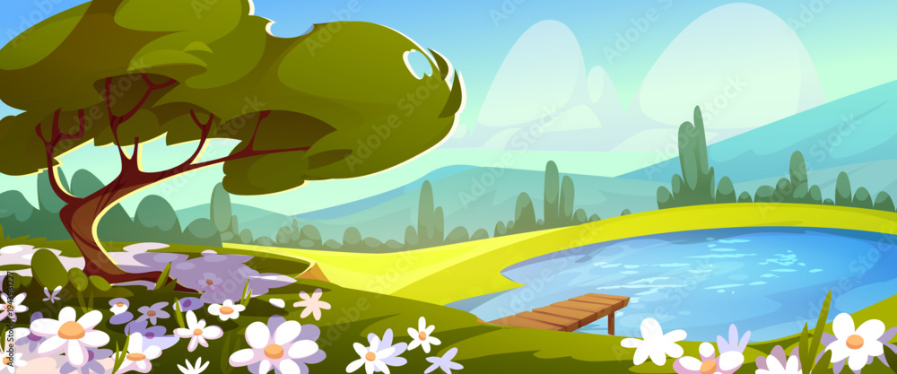 Obraz premium Spring green grass meadow landscape with blooming flowers, forest hills, and pond with wooden pier, cartoon vector background. Mountains valley with daisies, blue sky and fluffy clouds