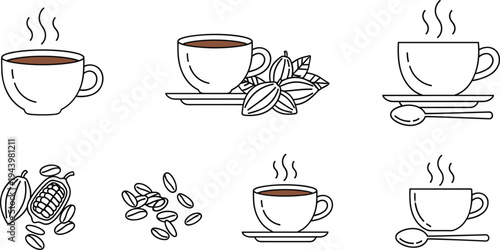 Coffee and cocoa beverage icon set with steaming cups saucers spoons cacao beans and pods isolated on white background vector illustration.