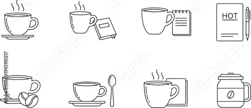 Coffee cup icon set with notebook, pen, coffee beans and steaming mugs isolated on white background vector illustration.