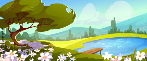 Spring green grass meadow landscape with blooming flowers, forest hills, and pond with wooden pier, cartoon vector background. Mountains valley with daisies, blue sky and fluffy clouds