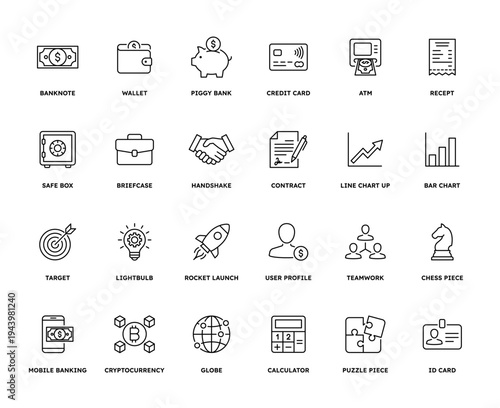 Finance and business line icon set. Collection of 24 vector outline symbols for banking, investment, startup, and web UI. Editable stroke.