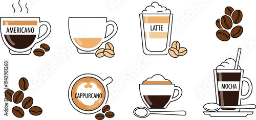 Coffee drinks icons collection featuring Americano, Latte, Cappuccino, Mocha cups with coffee beans and spoons isolated on white background vector illustration.