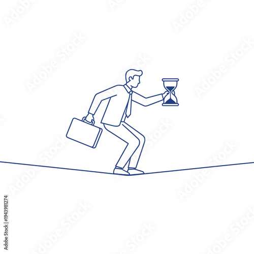 Businessman balancing on tightrope with briefcase and hourglass.