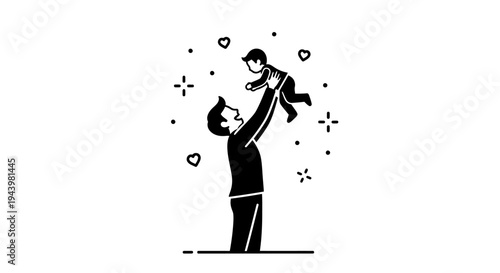 Father holding baby in air happily.