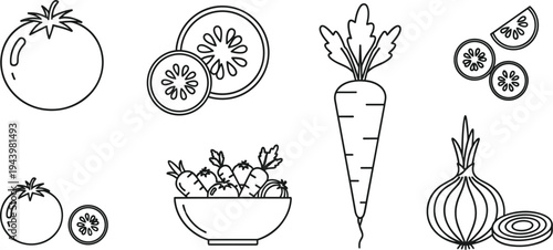 Line Art Illustration Set of Tomato, Cucumber, Radish, and Onion on White Background