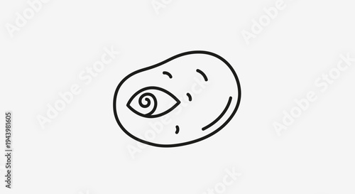 Surreal Potato with an Eye Line Art Illustration. Simple Cartoon Doodle of a Vegetable with a Watchful Spiral Pupil.