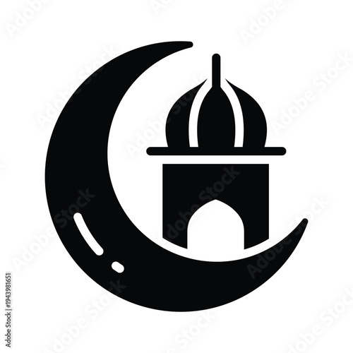 Stylized glyph icon of a mosque within a crescent moon, vibrant and modern.