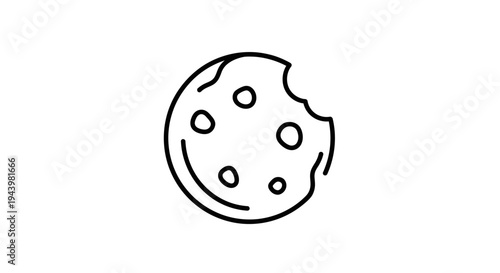 Minimalist Line Art Icon of a Bitten Chocolate Chip Cookie - Sweet Dessert Snack for Web Design and Apps