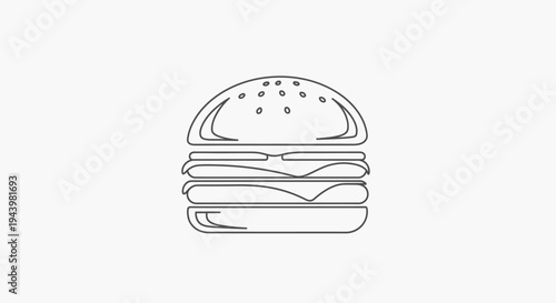 Outline drawing of a classic hamburger icon with sesame seed bun, patty, cheese, and lettuce. Minimalist line art fast food graphic.