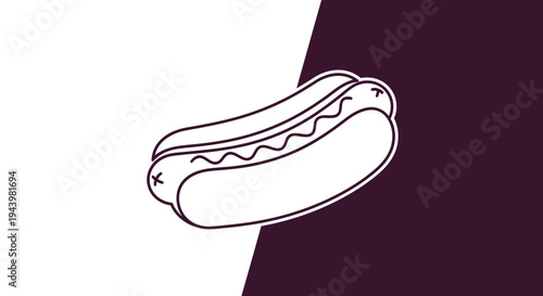 Simple line art hot dog illustration with condiment on a bun. Minimalist fast food graphic on a split white and purple background.