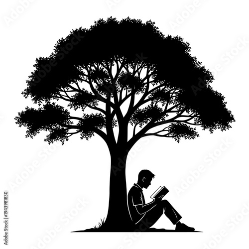 Man Sitting Under Tree Reading Book Silhouette