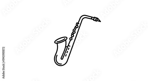 Simple line art illustration of a saxophone. Black and white doodle drawing of a musical wind instrument icon.