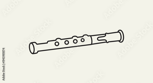 Minimalist black outline drawing of a wind instrument. Simple line art illustration of a small flute or recorder on a light background.