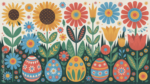 Colorful easter eggs and vibrant spring flowers in garden decorated eggs and blooming floral arrangement holiday decoration easter celebration springtime floral pattern eggs