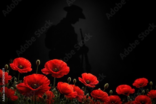 Anzac Day remembrance with silhouette soldier and red poppies in dark background