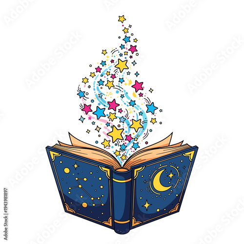 A Magical Scene of an Open Book with Stars and Moon Emerging