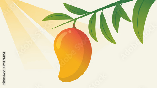 Vibrant orange mango fruit hanging from green leafy tree branch with sunlight shining on it