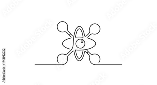 Minimalist continuous line art drawing of an abstract atom or molecule with an eye, symbolizing science, technology, and innovation