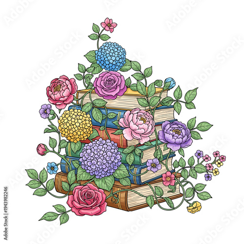 A colorful illustration of a stack of books adorned with roses and hydrangeas