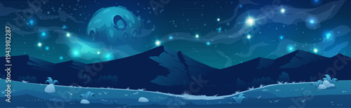 Mountain landscape with moon, stars and milky way