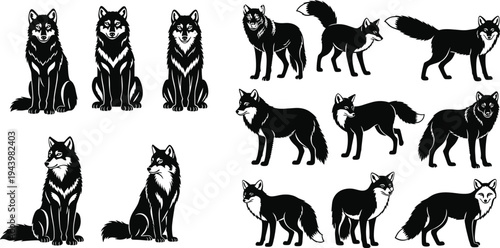Black and White Vector Silhouette Set of Wolves and Foxes Illustrations in Hand Drawn Woodcut Style Isolated on White Background (21 words)
