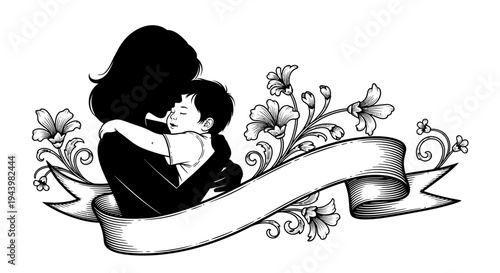 Black and white illustration of mother.