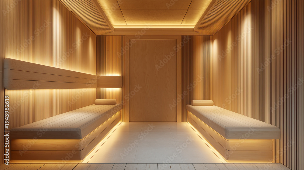 Fototapeta premium Wooden Luxury Sauna Interior with Ambient Lighting for Hospitality Business, Thermal Therapy and Wellness Infrastructure, Health Recovery Concept, World Health Day, Real Estate and Spa Resort Marketin