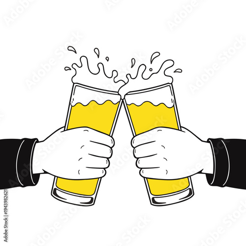 A vector graphic illustration of two hands clinking beer glasses together in a toast