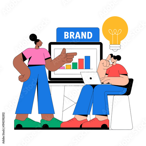 Brand strategy team discussing marketing ideas with laptop and graph