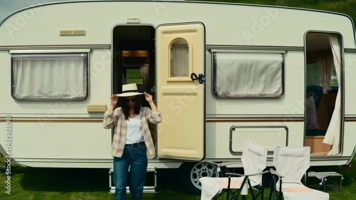 Woman exiting a camper wearing a hat; chairs are outside