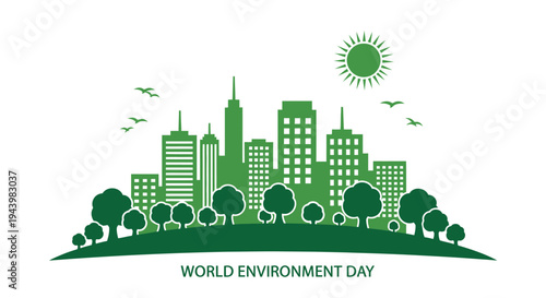 Green cityscape with trees and buildings.