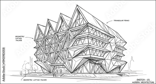 Modern architectural concept sketch featuring a faceted geometric lattice facade, rhythmic triangular peaks, and a futuristic crystalline structural design.