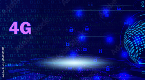 4G global network technology background with digital binary code, glowing earth globe, and abstract blue data stream for telecommunication concepts