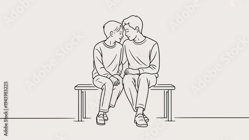 Tender moment of two people sitting close on a bench sharing a gentle kiss expressing love and affection in a simple line art style