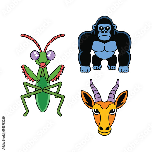 A sticker set featuring a cartoon praying mantis, gorilla, and gazelle head