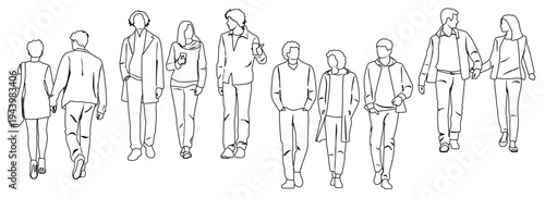 Hand drawn silhouettes of walking and talking men and women, collection of young people, front and back views, linear sketch, couples, profile, vector image, black color, isolated on white background