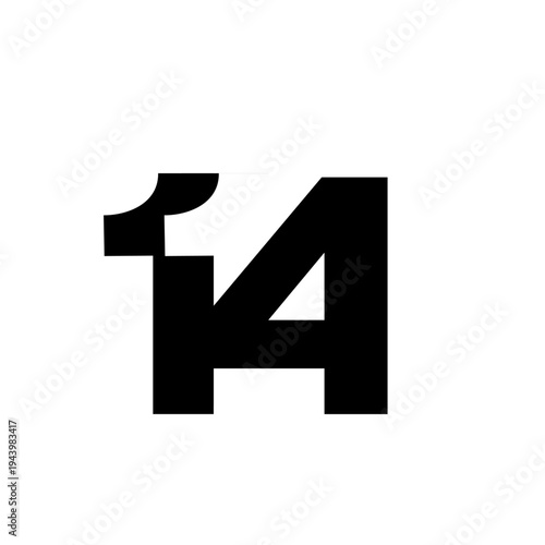 Bold Black Number 14 Graphic Design Isolated on White Background