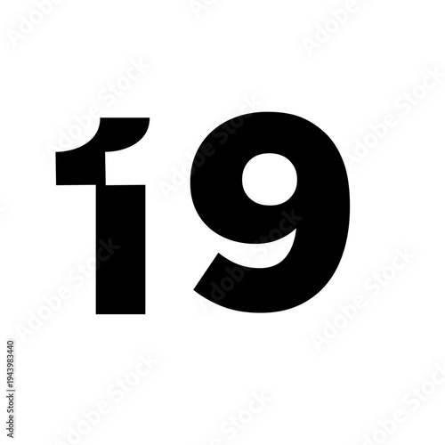 Bold Black Digit 19 Isolated on Clean White Background