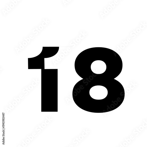 Bold Black Number 18 Isolated on White Background for Age, Anniversary, or Milestone