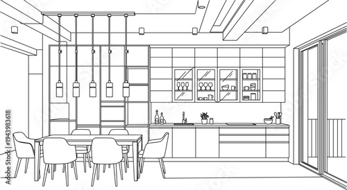 Modern architectural elevation of a luxury open-plan kitchen and dining area featuring minimalist cabinetry, pendant lighting, and glass doors.