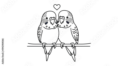 Two budgerigars in Love: Illustration of two cute budgerigars snuggling on a branch under a heart, symbolizing love, companionship, and affection in minimalist style.