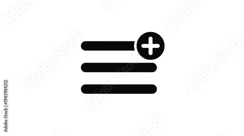 Black Hamburger Menu Icon with Plus Sign on White Background